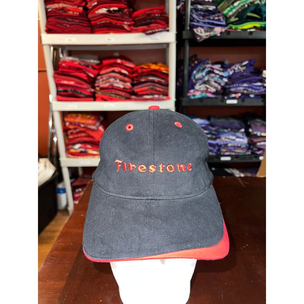 Vintage Firestone Hat Fire Stone Black Red Cap Headwear